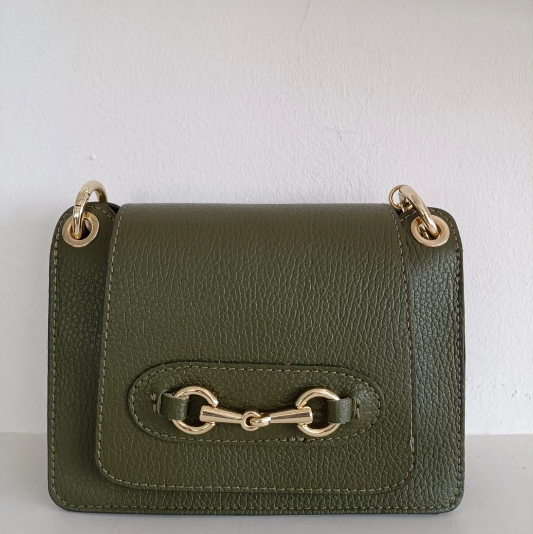 Burano Army Green Horsebit Leather Handbag
